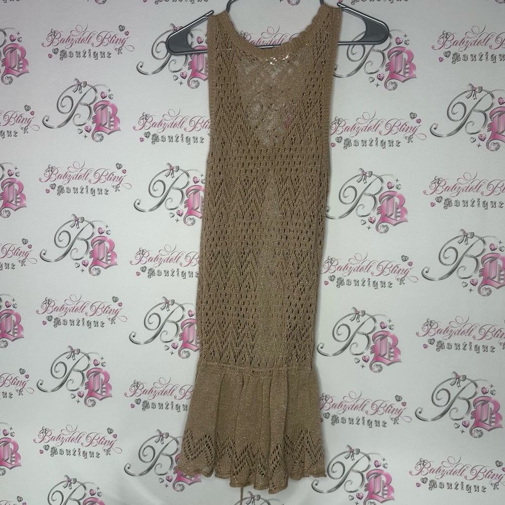 Klein plus dress coverup knit sparkly gold Brown Crochet Sleeveless Dress - Picture 2 of 9